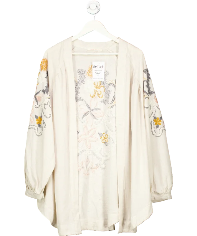 Women's Patterned SweatersJan & Nova Beige Floral Embroidered Kimono Shirt One Size