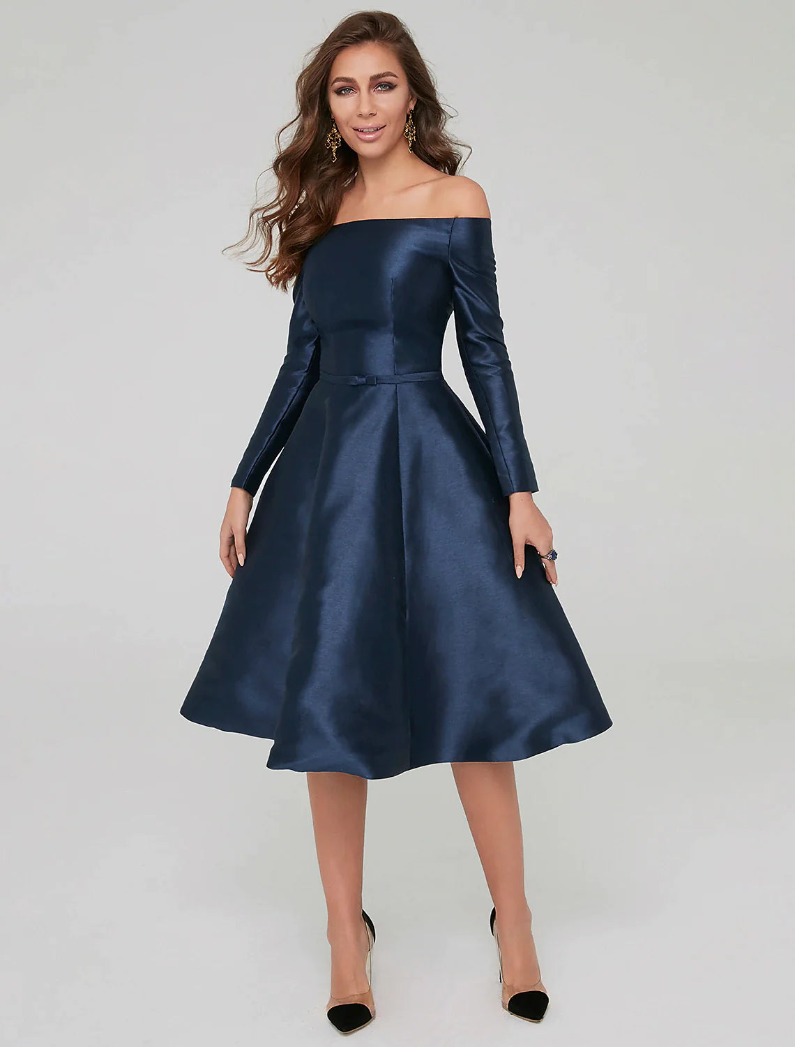 Women's Keyhole Collar DressesA-Line Special Occasion Dresses Party Dress Wedding Guest Knee Length Long Sleeve Off Shoulder Satin with Pleats