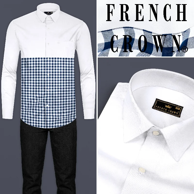 Women's Blouse with Collarless DesignBright White with Gingham Premium Cotton Designer Shirt