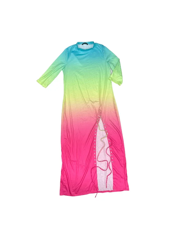 Women's U-Shaped Collar DressesRainbow Print Dress Casual Maxi Clothes Mentor, Size L