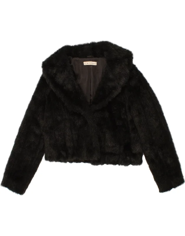 Women's Coats with Fur Trimmed HoodVINTAGE Womens Crop Faux Fur Jacket UK 12 Medium  Black Acrylic