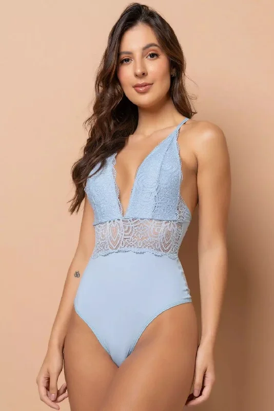 full-body slimming undergarmentLight Blue Microfiber and Lace Bodysuit