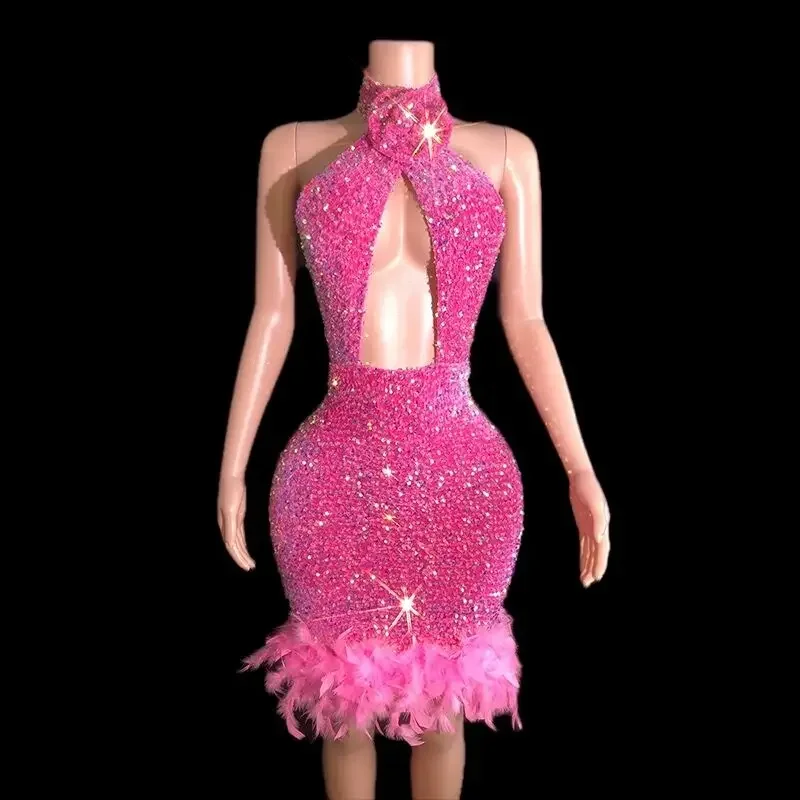 Women's Gathered DressesShinning Sequins Feathers Pink Sexy Backless Halter Sheath Dress Evening Party Performance Costume Nightclub Singer Dancer Stage