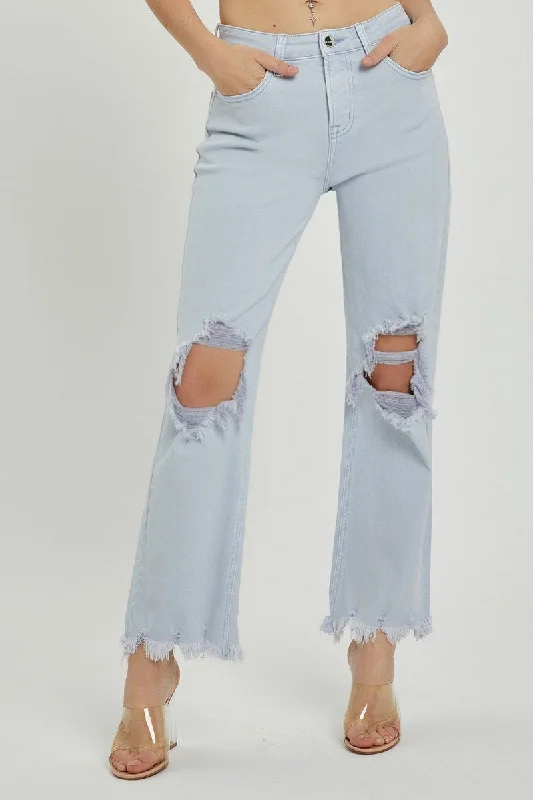 Women's Jumpsuits with Notched CollarDistressed Straight Leg Ice Blue Jeans