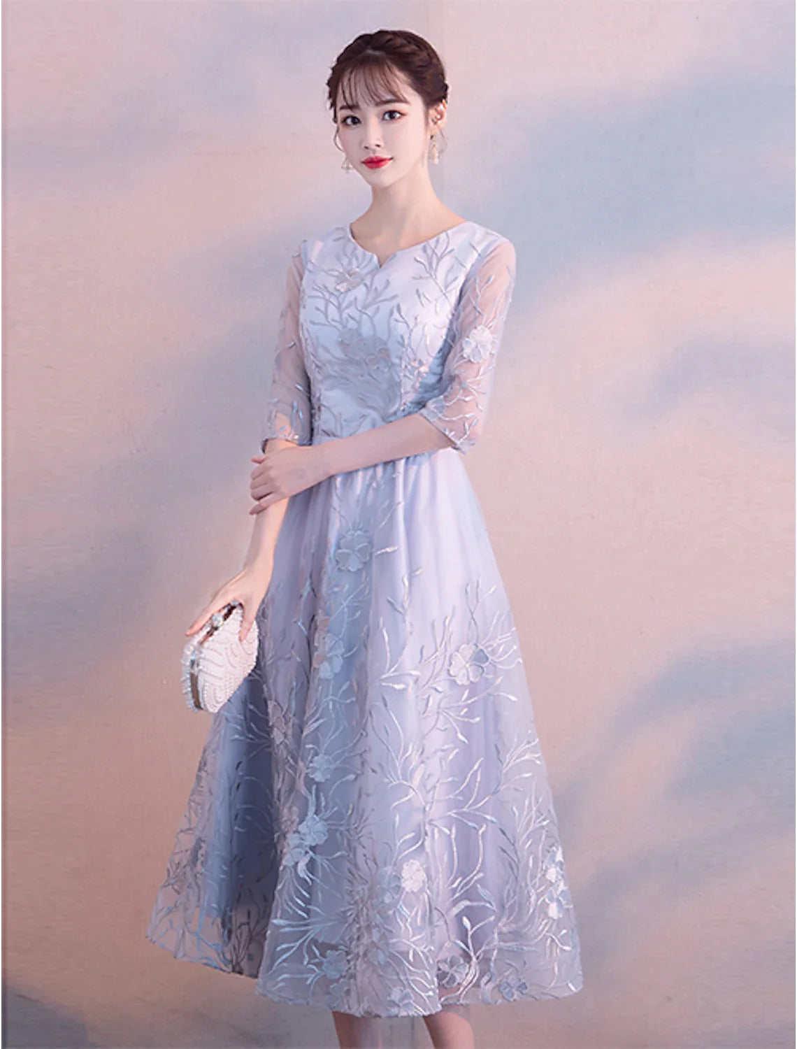 Women's Shawl Collar DressesA-Line Elegant Cocktail Party Prom Dress Jewel Neck 3/4 Length Sleeve Tea Length Lace with Lace Insert Pattern / Print Appliques