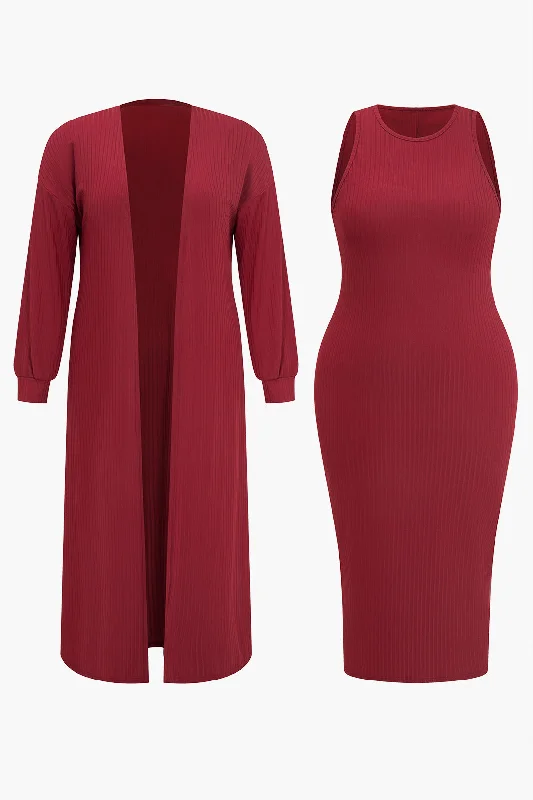 Women's Sweetheart Collar DressesRibbed Knit Bodycon Midi Dress Set