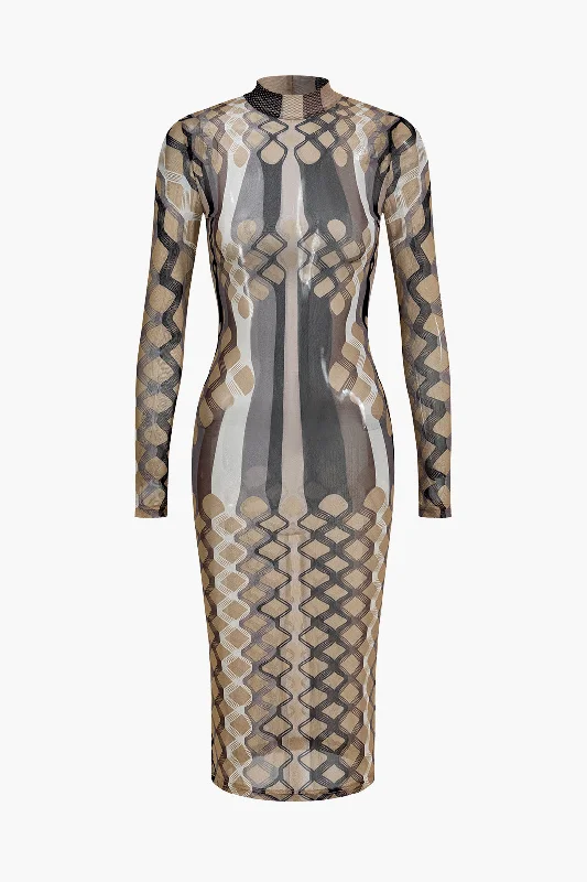 Women's One-Shoulder DressesGeometric Print Sheer Mesh Long Sleeve Midi Dress