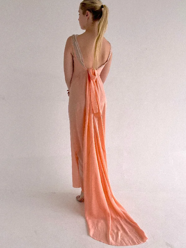 women's pajamas for movie nights1930's Peach Silk Gown with Train and Cream Lace