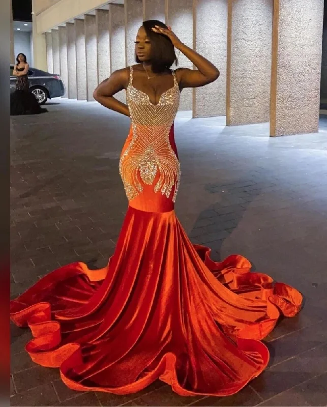 Women's Shawl Collar DressesSparkly Beaded Mermaid Prom Dresses For Black Girls Orange Velvet Plus Size Formal Birthday Party Evening Occasion Gowns Ve