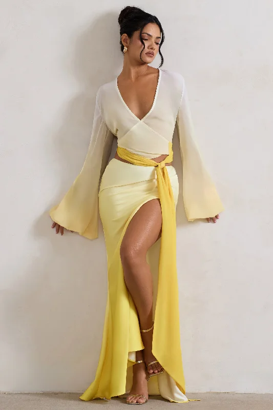 Women's Woven SkirtsSerita | Yellow Ombre Satin Split Maxi Skirt