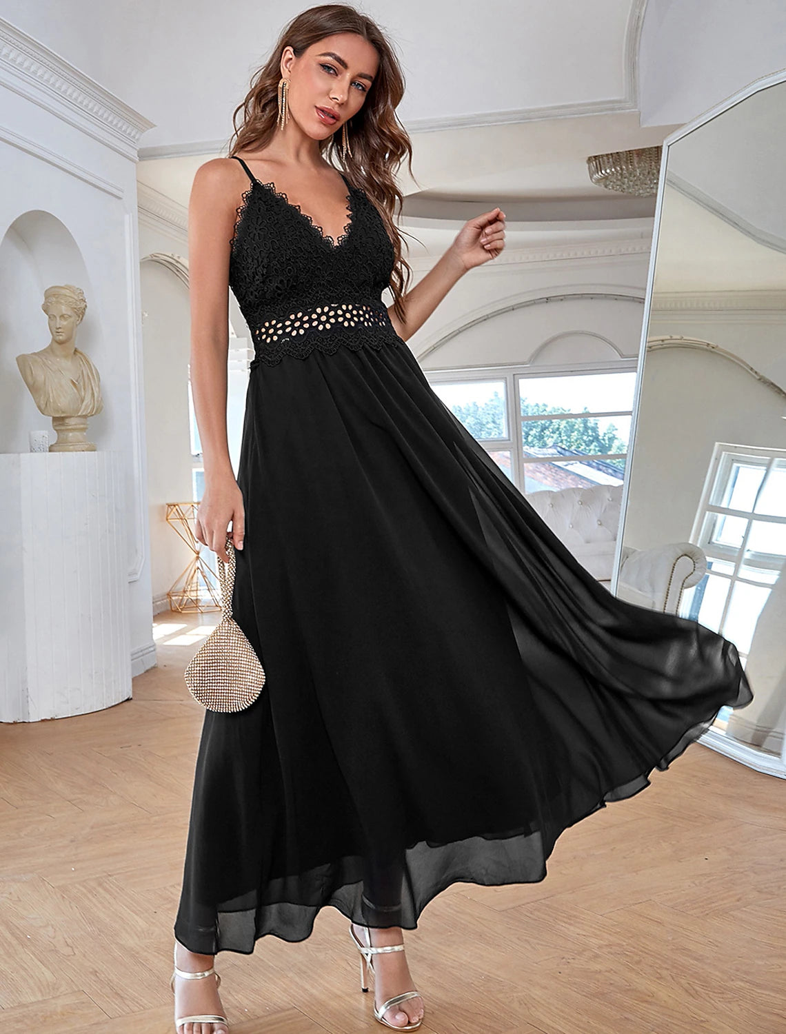 Women's U-Shaped-Neck DressesA-Line Elegant Vintage Party Wear Formal Evening Dress V Neck Sleeveless Ankle Length Chiffon with Sequin Pure Color Splicing