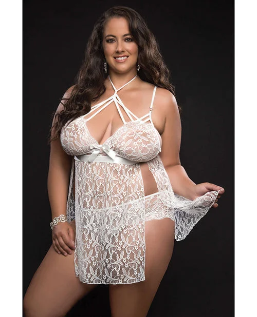 lace appliqué braLace Halter Babydoll W-lace Panty White Qn