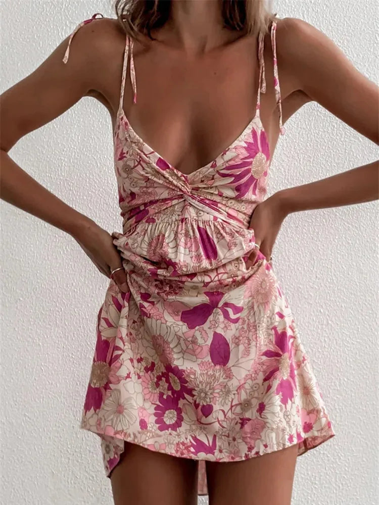 Women's Narrow-Neck DressesFloral Boho Pink Flower Print Bohemian Beach Style Ruffled Backless Mini Dress