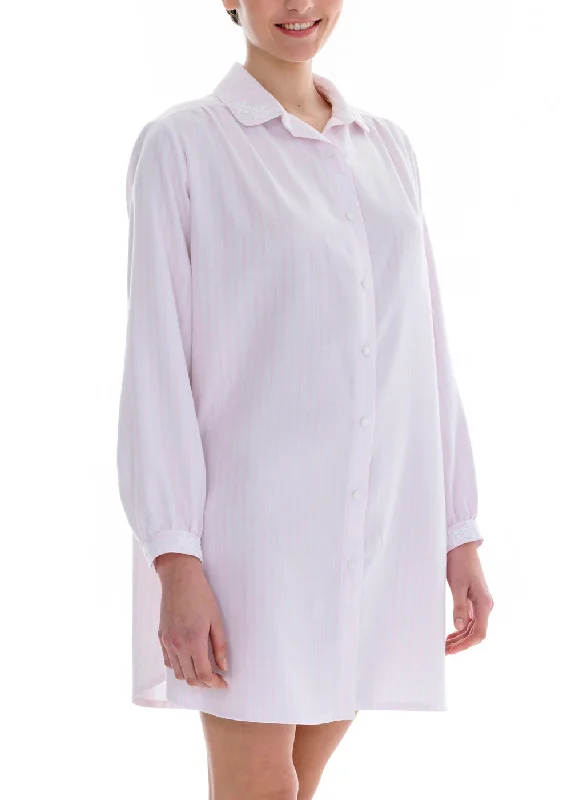 women's pajamas with a blend of comfort, style, and functionalityCelestine Flanell Nachthemd JOSIE weiß hellrosa Streifen Spitze langarm Hemdkragen