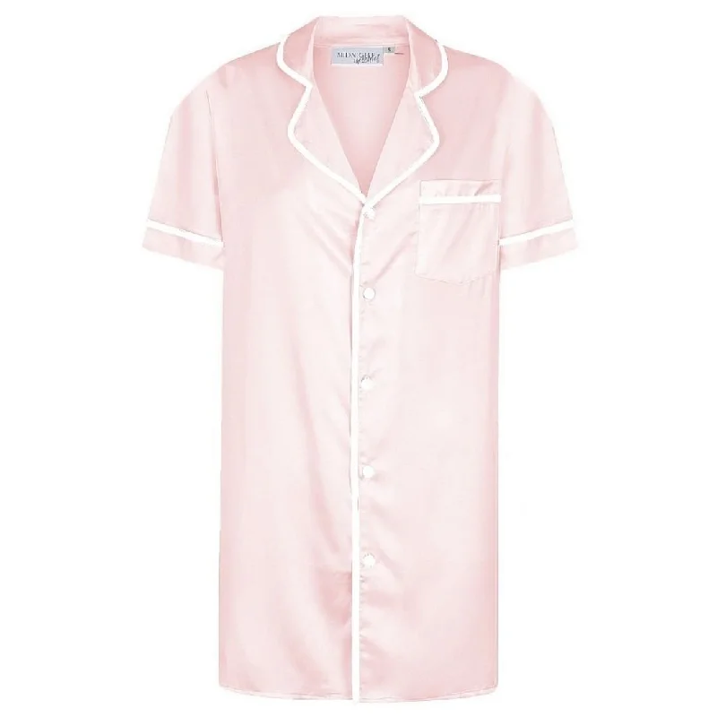 women's pajamas with pockets on the chestSatin Personalised Short Sleeve Boyfriend Shirt - Bubble Gum Pink/White