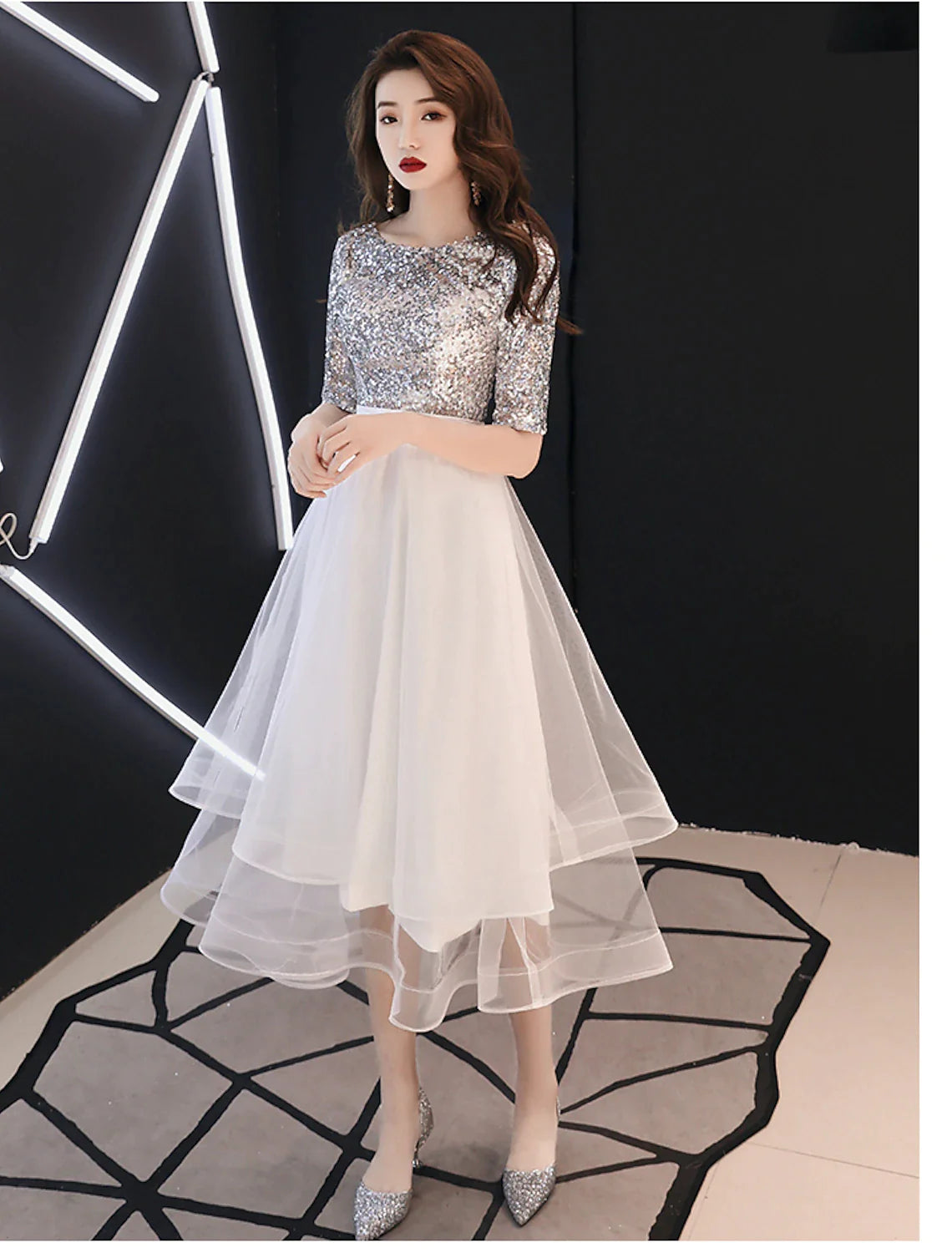 Women's Boat-Neck DressesA-Line Sparkle White Cocktail Party Prom Dress Jewel Neck Half Sleeve Tea Length Satin with Sequin Tier