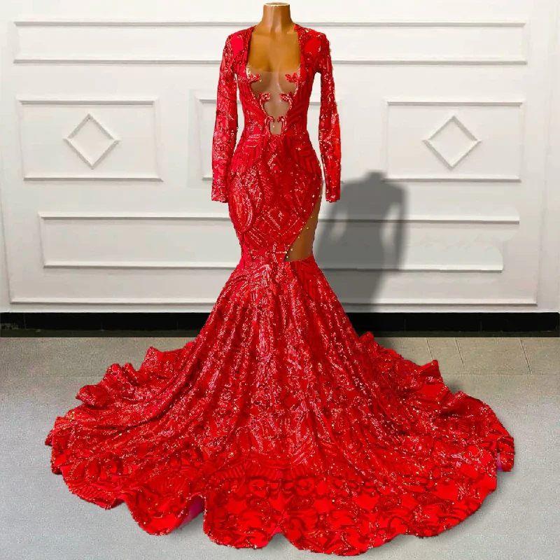 Women's Collarless DressesSparkly Sequin Red Mermaid Long Prom Dresses for Graduation Party Full Sleeves Black Girls Custom Occasion Evening Gown