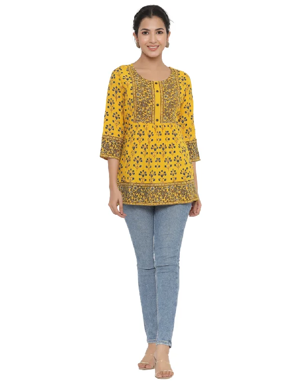 Women's Low-Rise ShortsMustard Floral Printed Short Kurti