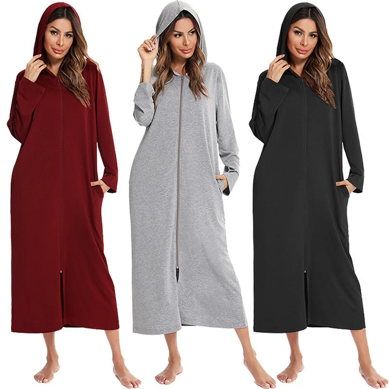 women's pajamas with breathable fabricWitbuy Winter Women's Zipper Robe Coat With Pocket Modal Soft Bathrobe With Hood Solid Long Sleeve Gown Night Wear Women Autumn