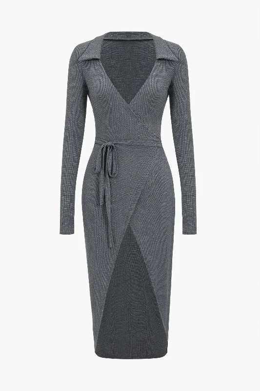 Women's U-Back DressesSolid Tie Front Long Sleeve Midi Dress