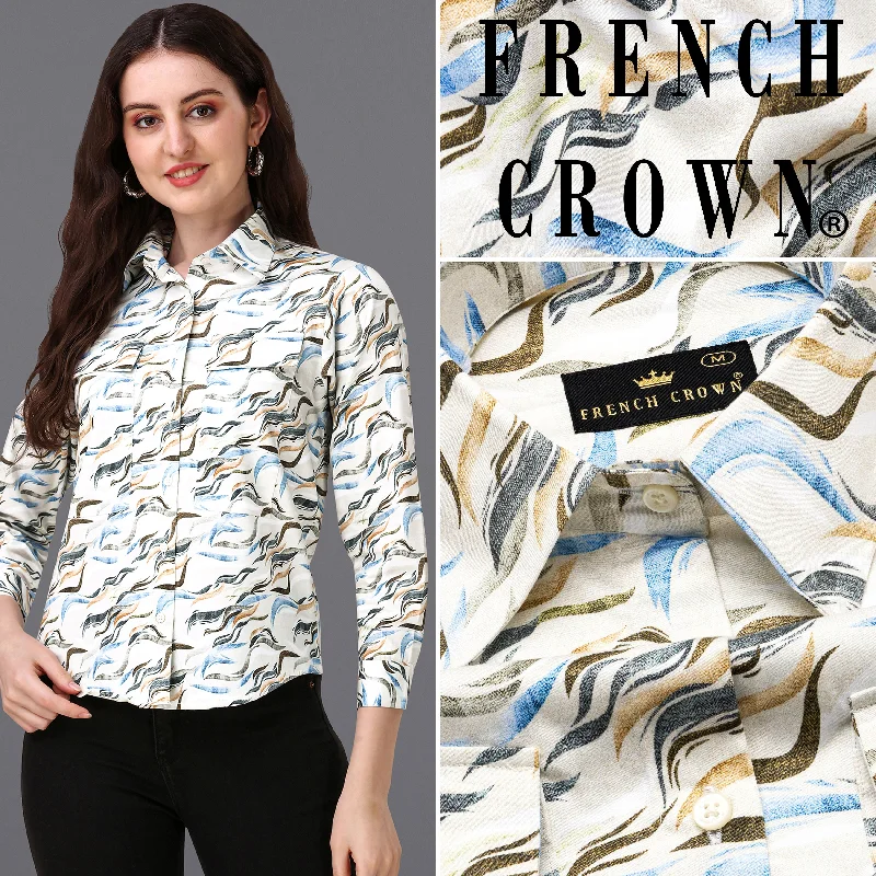 Women's Blouse with Peter Pan CollarPlatinum Cream With Multicolour Printed Super Soft Premium Cotton Women’s Shirt