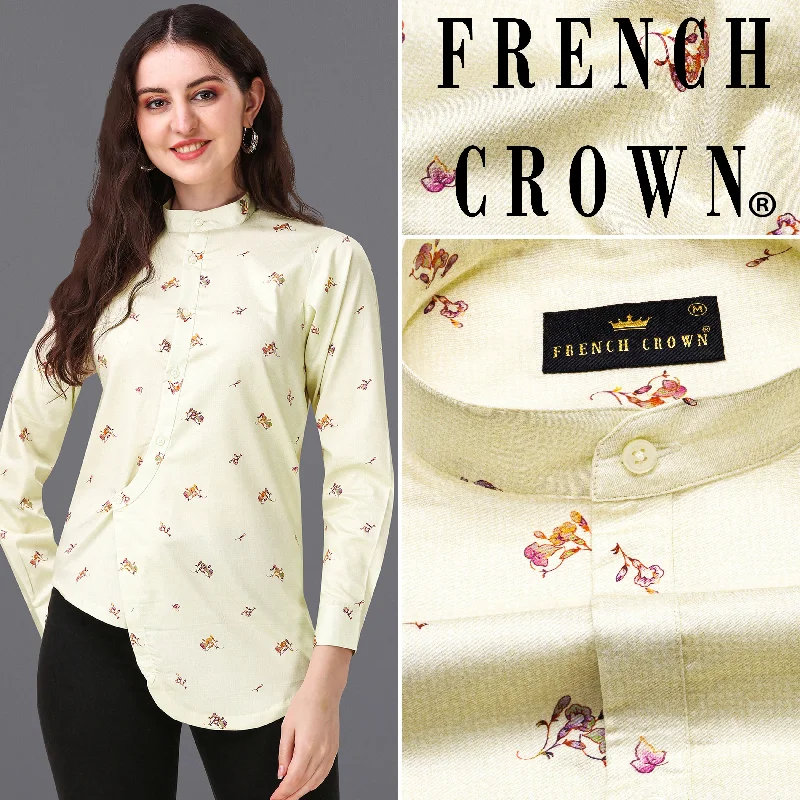 Women's Blouse with FlouncesMerino Beige Printed Super Soft Premium Cotton Women’s Shirt