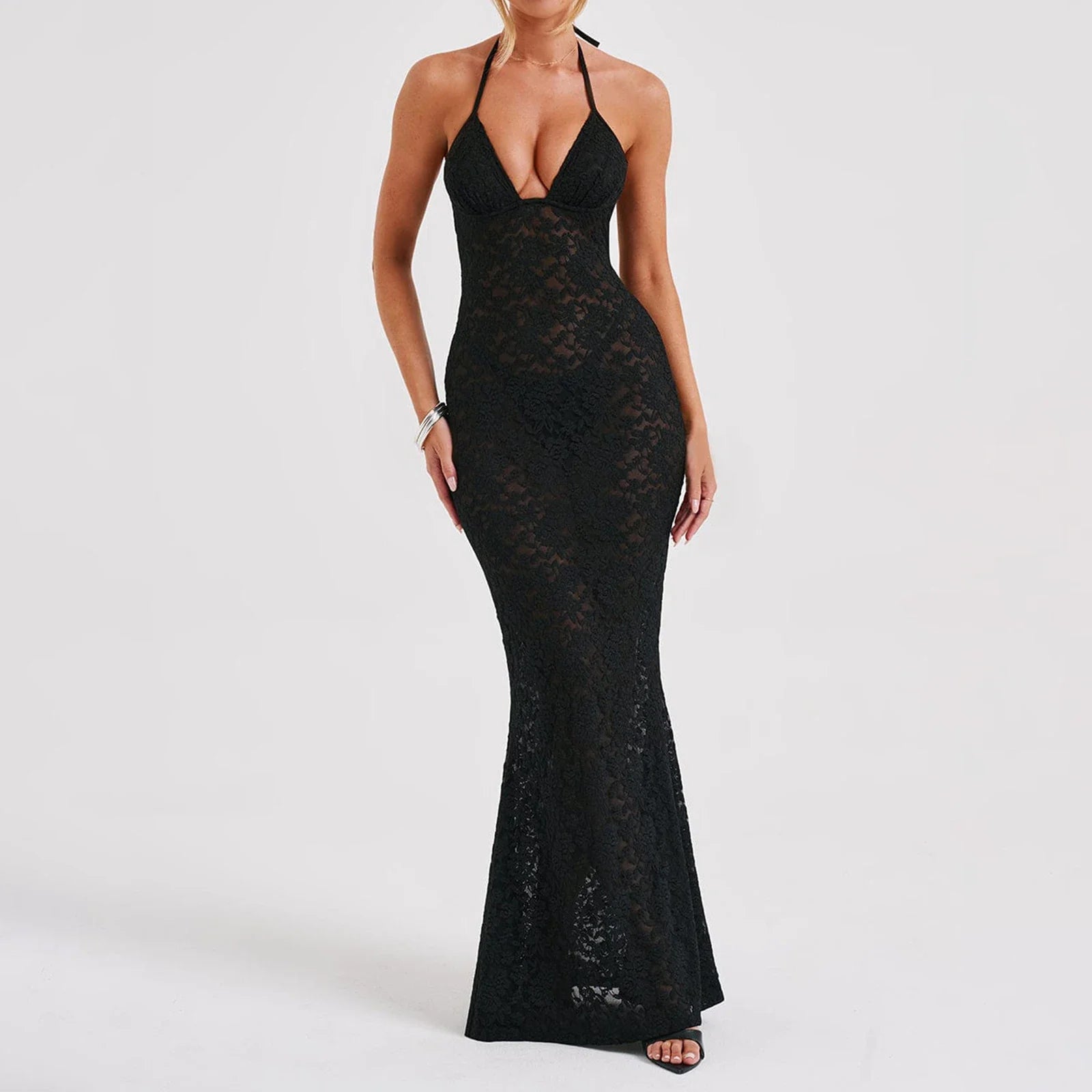 Women's Rounded Collar DressesFashionSierra - See Through Backless Black Spaghetti Strap Sleeveless Club Party Long Maxi Dress