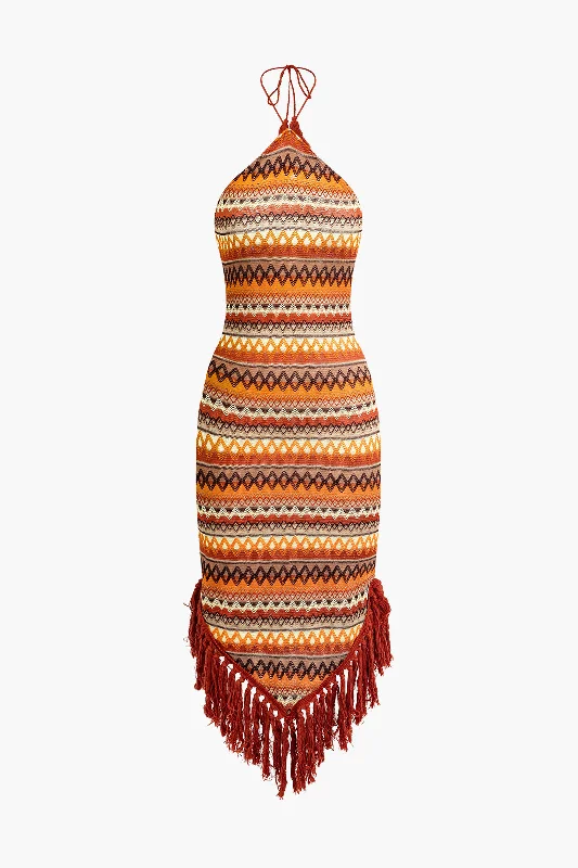 Women's Shawl Collar DressesFringe and Colorful Pattern Bohemian Halter Midi Dress