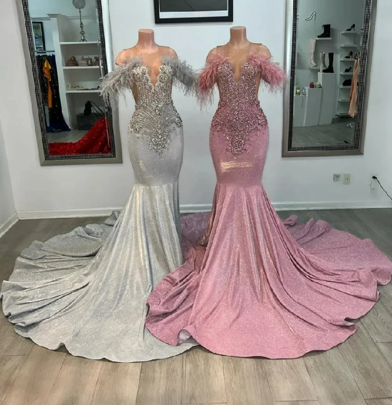 Women's Low-Neck DressesSparkly Diamonds Long Prom Dresses For Black Girls Crystal Beading Rhinestones Feathers Birthday Party Dress Wedding Reception