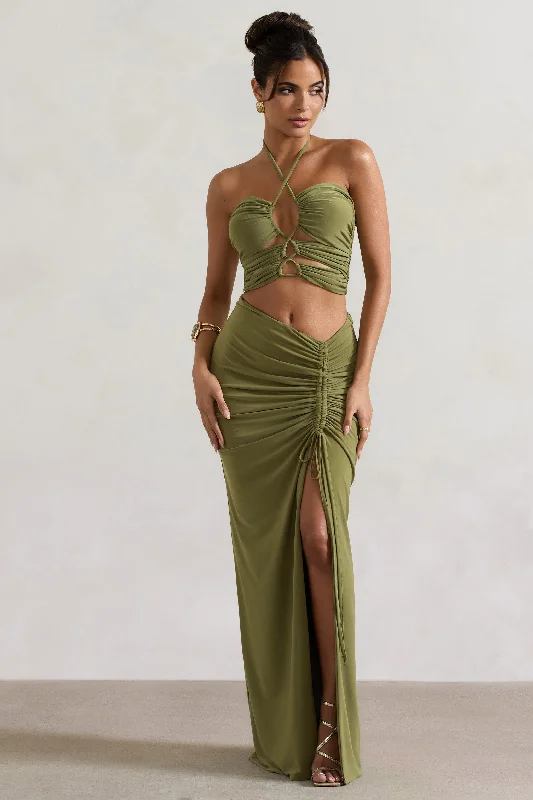 Women's Mesh SkirtsCabo | Olive Ruched Split Maxi Skirt