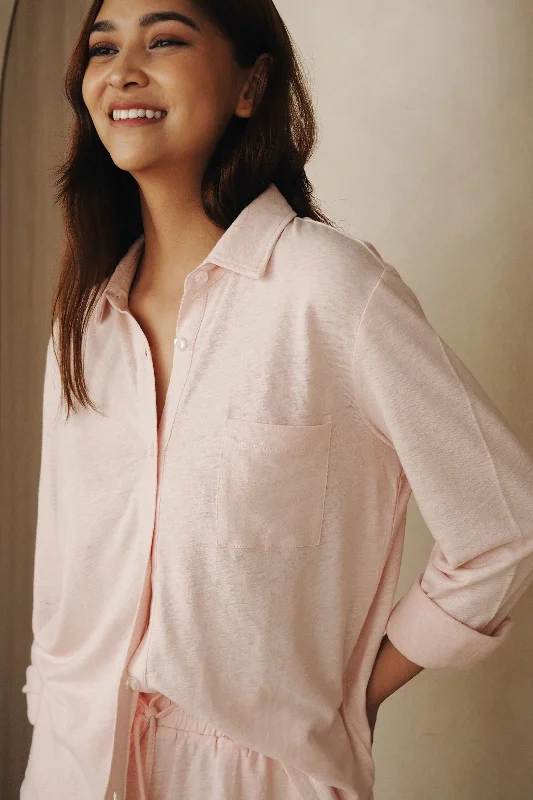 women's pajamas featuring floral embroideryBamboo-Linen Shirt in Soft Pink