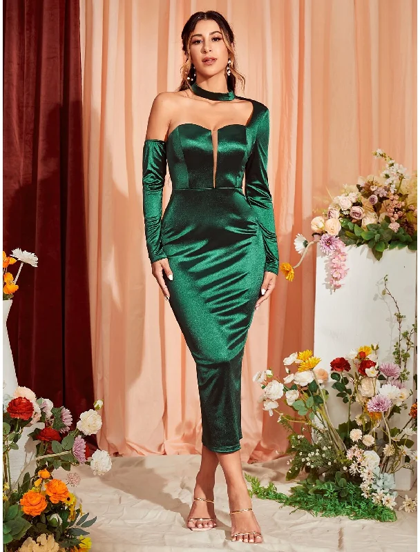 Women's Low Collar DressesMermaid / Trumpet Party Dresses Sexy Dress Wedding Party Tea Length Long Sleeve One Shoulder Stretch Satin with Ruched Slit