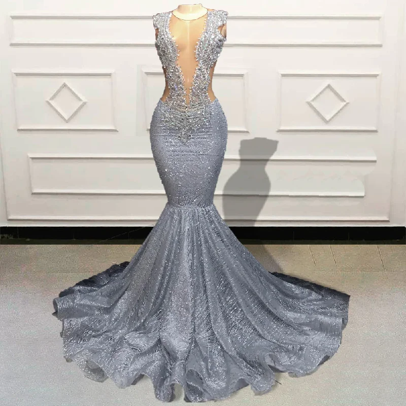 Women's Collarless DressesSexy Women Mermaid Long Prom Dresses for Graduation Party Silver Sparkly Sequin Sheer Girls Formal Occasion Evening Gowns