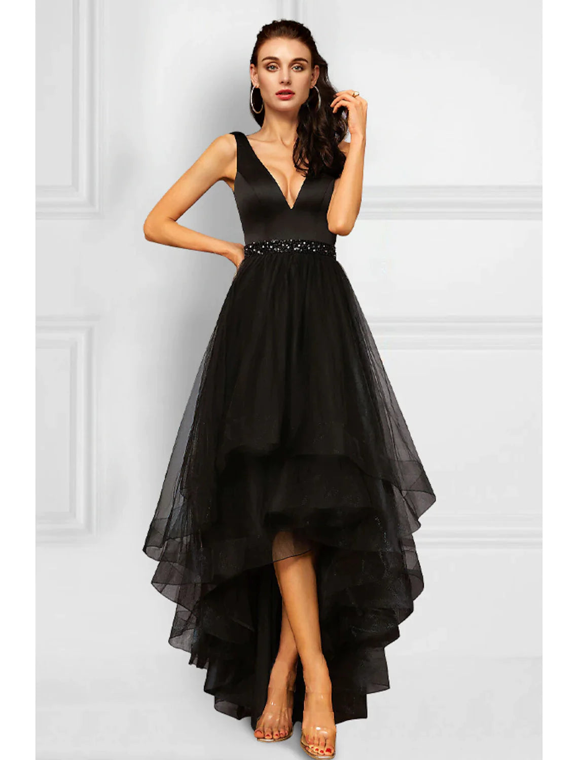 Women's Sweetheart Collar DressesA-Line Cocktail Dresses Elegant Dress Party Wear Asymmetrical Sleeveless V Neck Organza with Rhinestone Ruffles