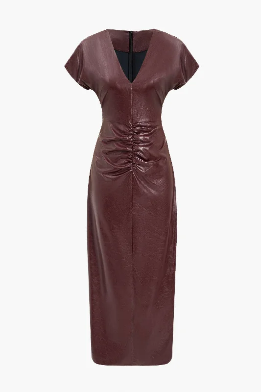 Women's Pencil DressesFaux Leather Ruched V-Neck Midi Dress