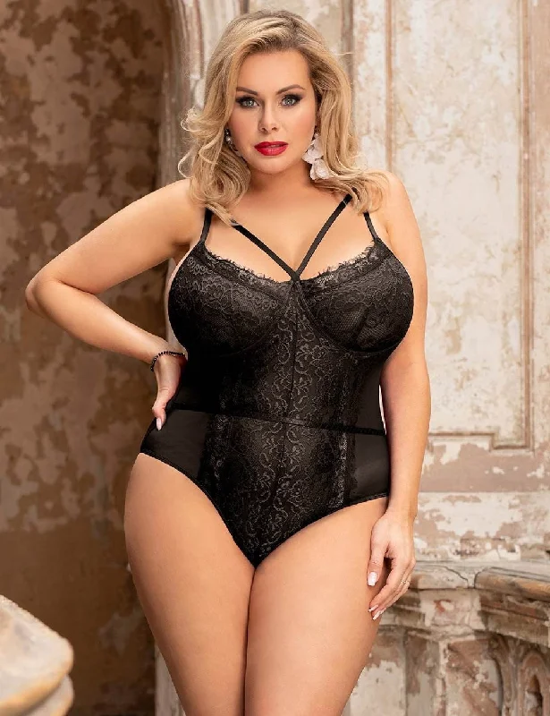 plus-size body brief with tummy controlPlus Size Black Lace Bodysuit Without Underwire