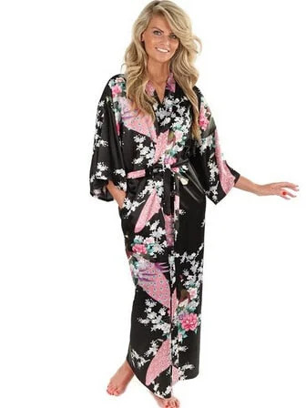 women's pajamas with a charming, vintage aestheticBrand New Black Women Silk Kimono Robes Long Sexy Nightgown Vintage Printed Night Gown Flower Plus Size S M L XL XXL XXXL A-045