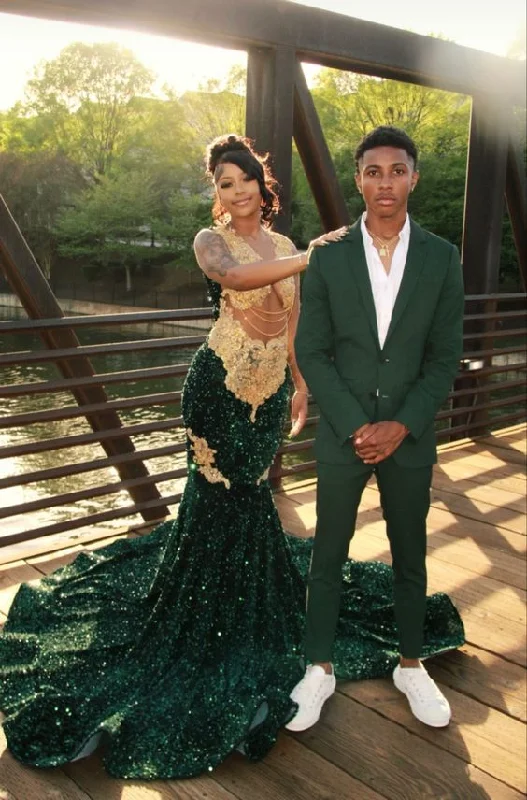 Women's Collarless DressesSparkly Dark Green Mermaid Prom Dresses For Black Girls Golden Lace Appliques Beads Sequins Plus Size Evening Party Gown