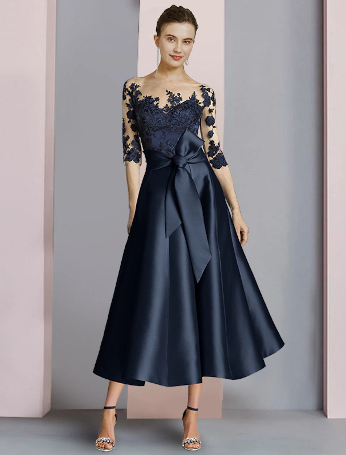 Women's Cold-Shoulder DressesMother of the Bride Dress Wedding Guest Elegant Party Neck Ankle Length Satin Lace Half Sleeve with