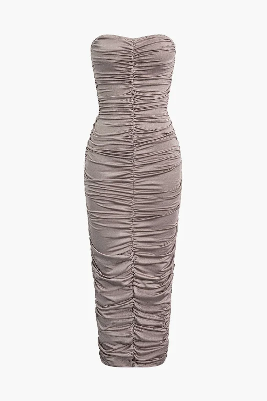 Women's U-Shaped Collar DressesSolid Ruched Strapless Midi Dress