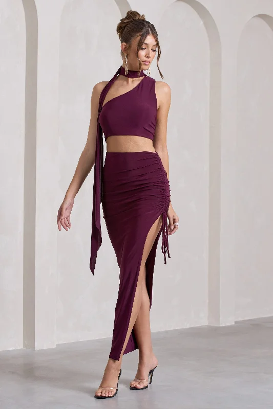 Women's U-Shaped Hem SkirtsIn The Air | Plum Ruched Asymmetric High-Waisted Maxi Skirt