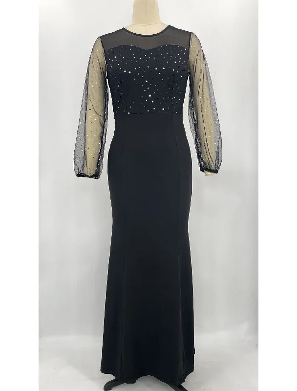 Women's Square Collar DressesMermaid / Trumpet Party Dresses Sparkle & Shine Dress Formal Floor Length Long Sleeve Jewel Neck Spandex with Rhinestone Crystals