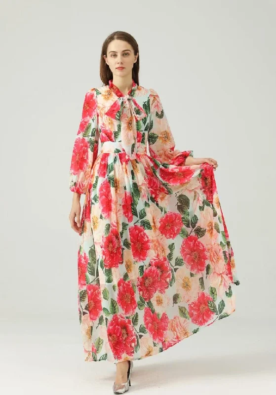 Women's Shawl Collar DressesFashionSierra - Lace Up Bow Collar Long Sleeves Floral Printed Maxi Dress