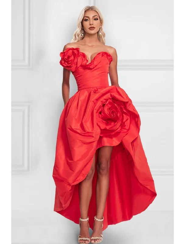 Women's Wrap DressesA-Line Cocktail Dresses Celebrity Style Dress Party Wear Asymmetrical Sleeveless Strapless Satin with Shouder Flower