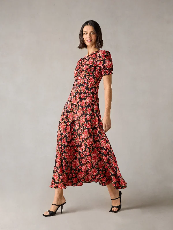 Women's Boat-Neck DressesPetite Red Rose Print Ruched Front Midi Dress