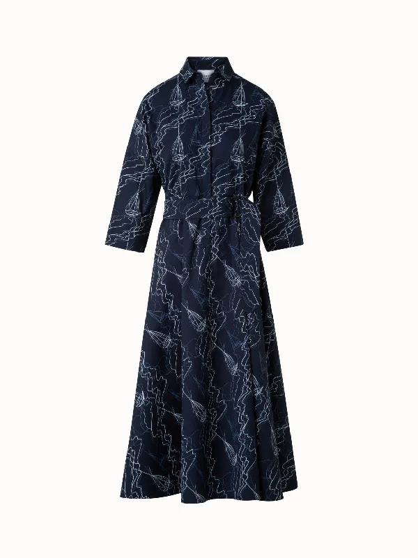 Women's Boat-Back DressesMidi Shirt Dress in Cotton with Sailboat Print