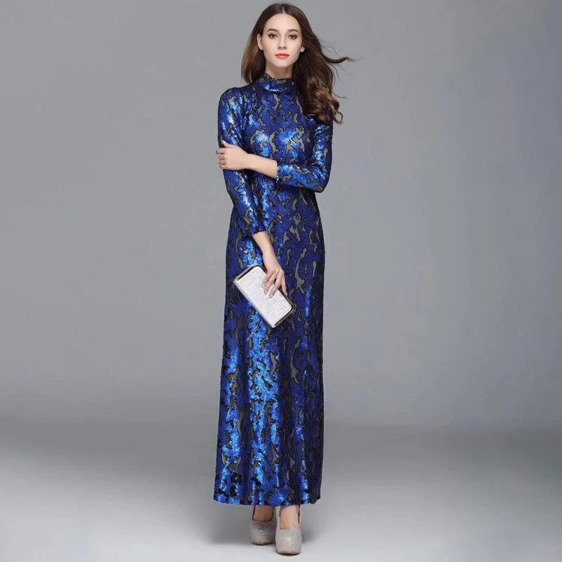 Women's Mandarin Collar DressesFashionSierra - Long Sleeves Sequined Elegant Fashion Party Prom Maxi Gown