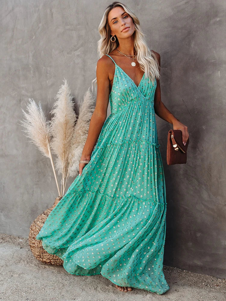 Women's Off-Shoulder DressesFashionSierra - 2024 Sleeveless Spaghetti Strap Pleated V Neck Maxi Boho Dress