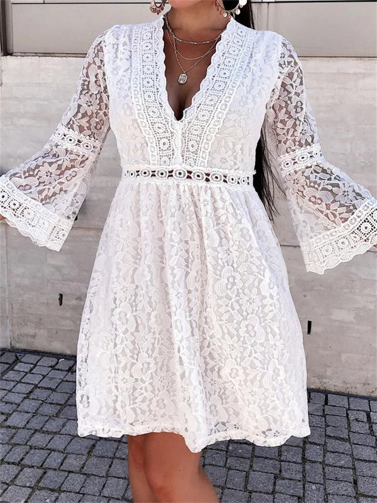 Women's High-Neck DressesFashionSierra - Elegant Floral Lace Long Sleeve Mini Dress