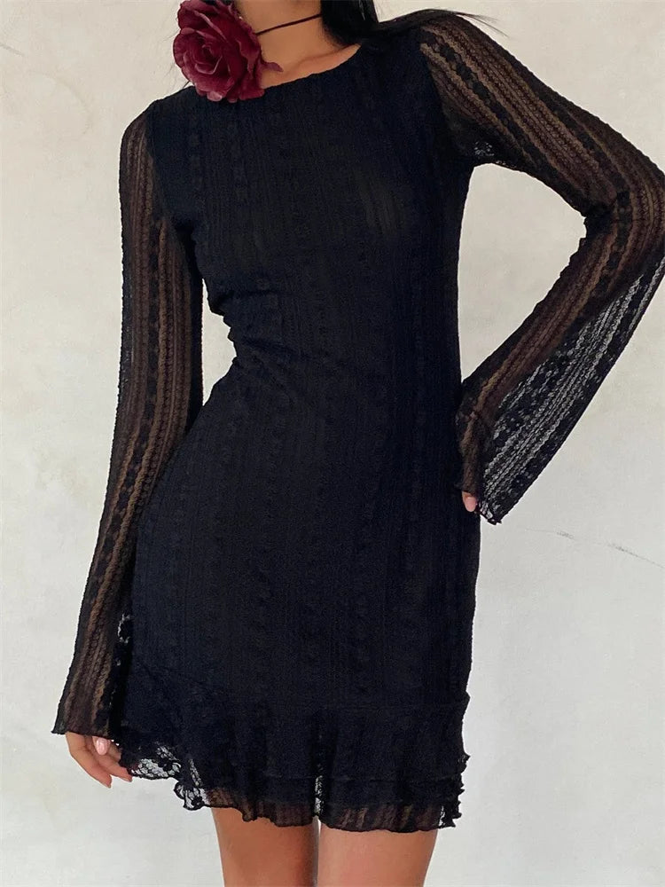 Women's V-Shaped-Neck DressesFashionSierra - Sexy Lace Party Clubwear Long Flare Sleeve Mesh See Through O-neck Mini Dress